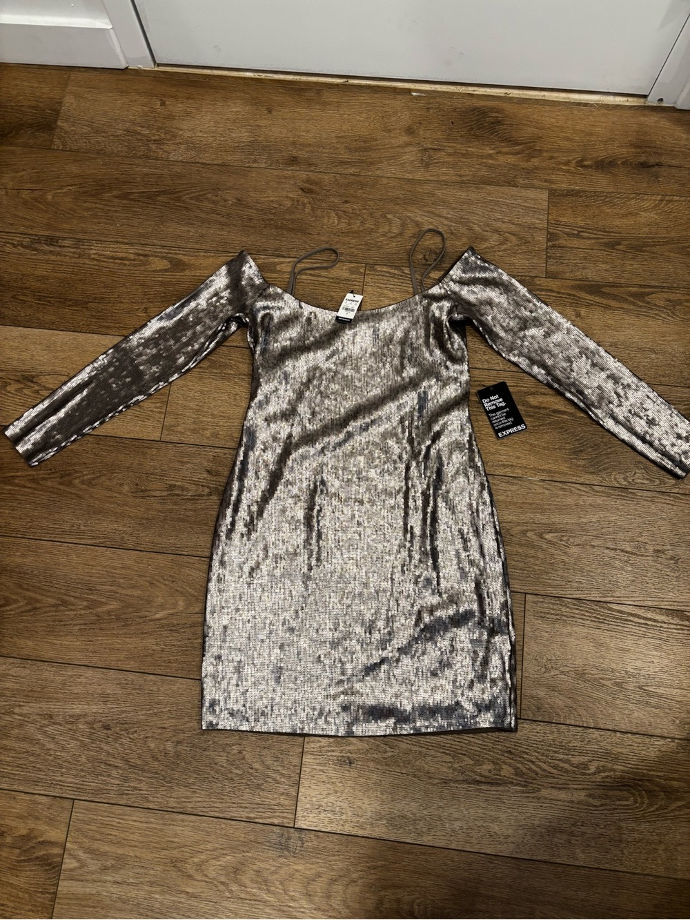 Express Silver Crushed Velvet Off-Shoulder Long Sleeve Bodycon Dress